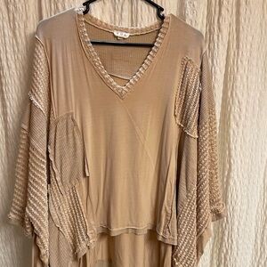 POL Beige Crochet Patch V-Neck Women's Top